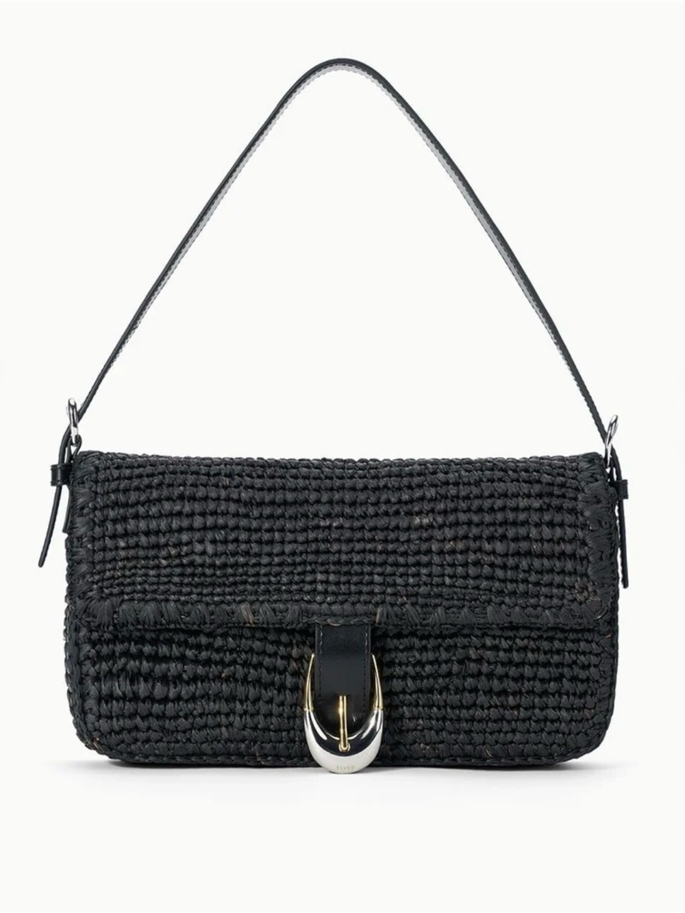 STAUD Black Raffia Harlow Shoulder Bag